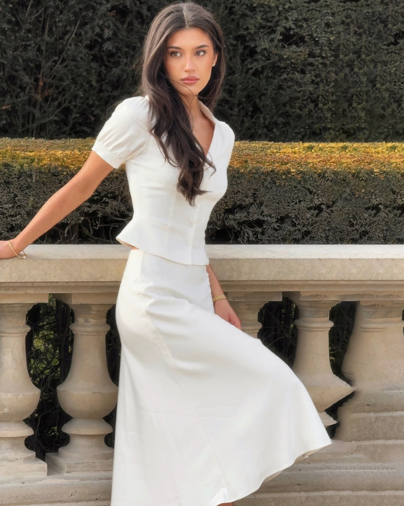 Elegantes Pearl Co-ord Set: Satin Bluse & Midi-Rock für Stilvolle Damen