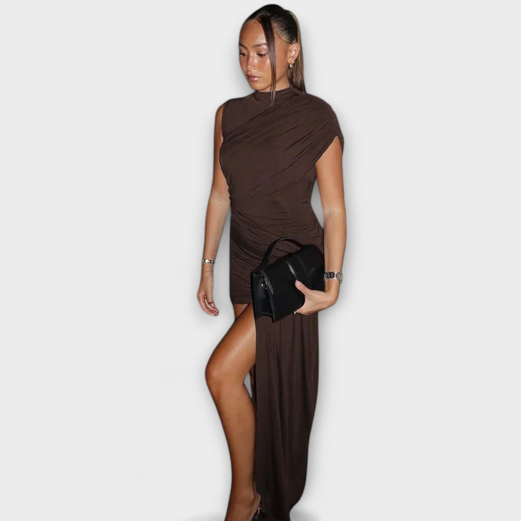 Lila Elegantes Figurbetontes Kleid mit Rundhalsausschnitt, Falten & Modernem Schnitt