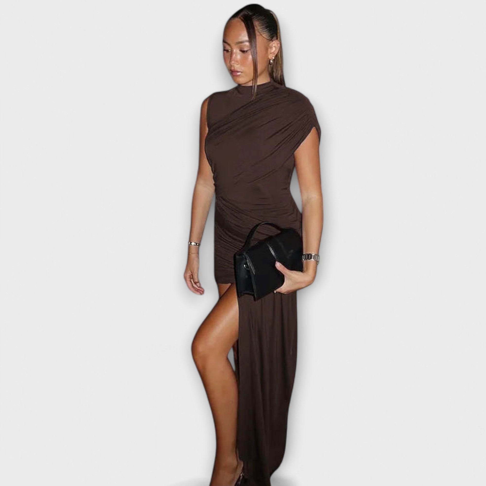 Lila Elegantes Figurbetontes Kleid mit Rundhalsausschnitt, Falten & Modernem Schnitt