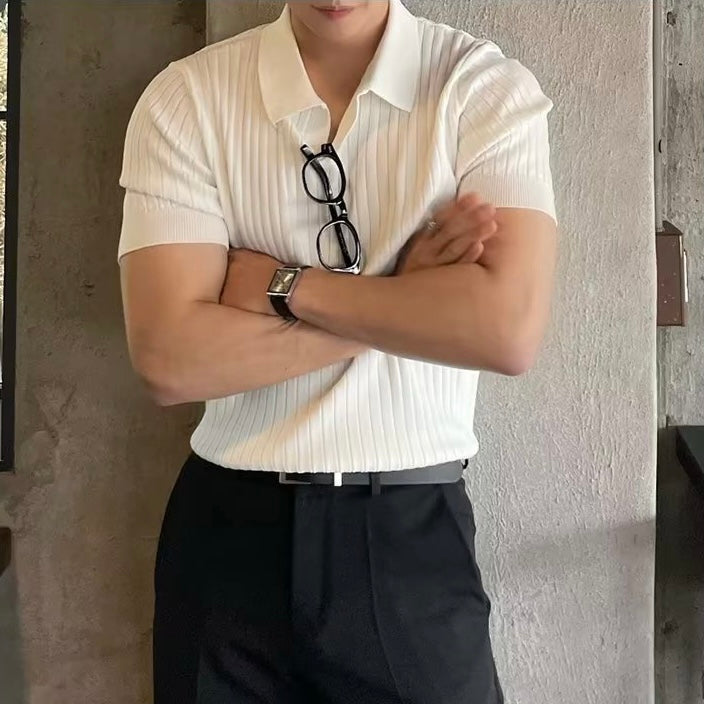 Elegantes Herren V-Ausschnitt Polohemd - Rippstrick Baumwollmischung Kurzarm Top