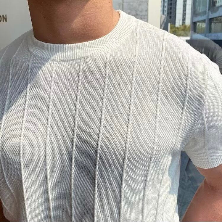 DONGJAK Herren Strick-T-Shirt Gestreift – Weich, Atmungsaktiv, Modern, Stilvoll