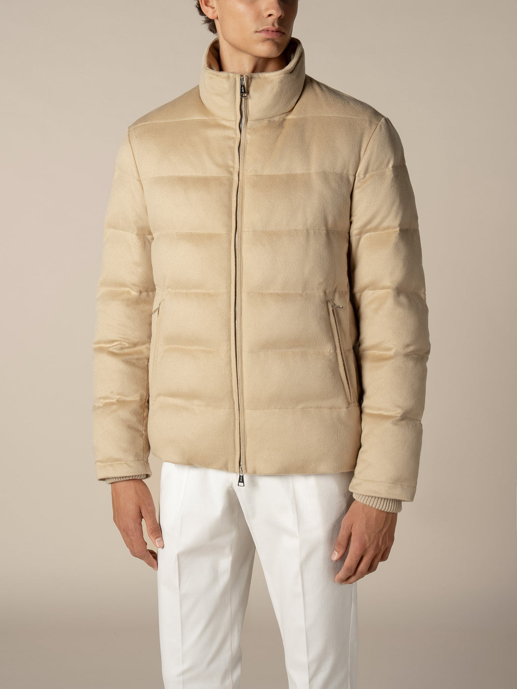 Luxuriöse Kaschmir-Woll-Pufferjacke für Herren – Wasserabweisend, Beige, Slim Fit