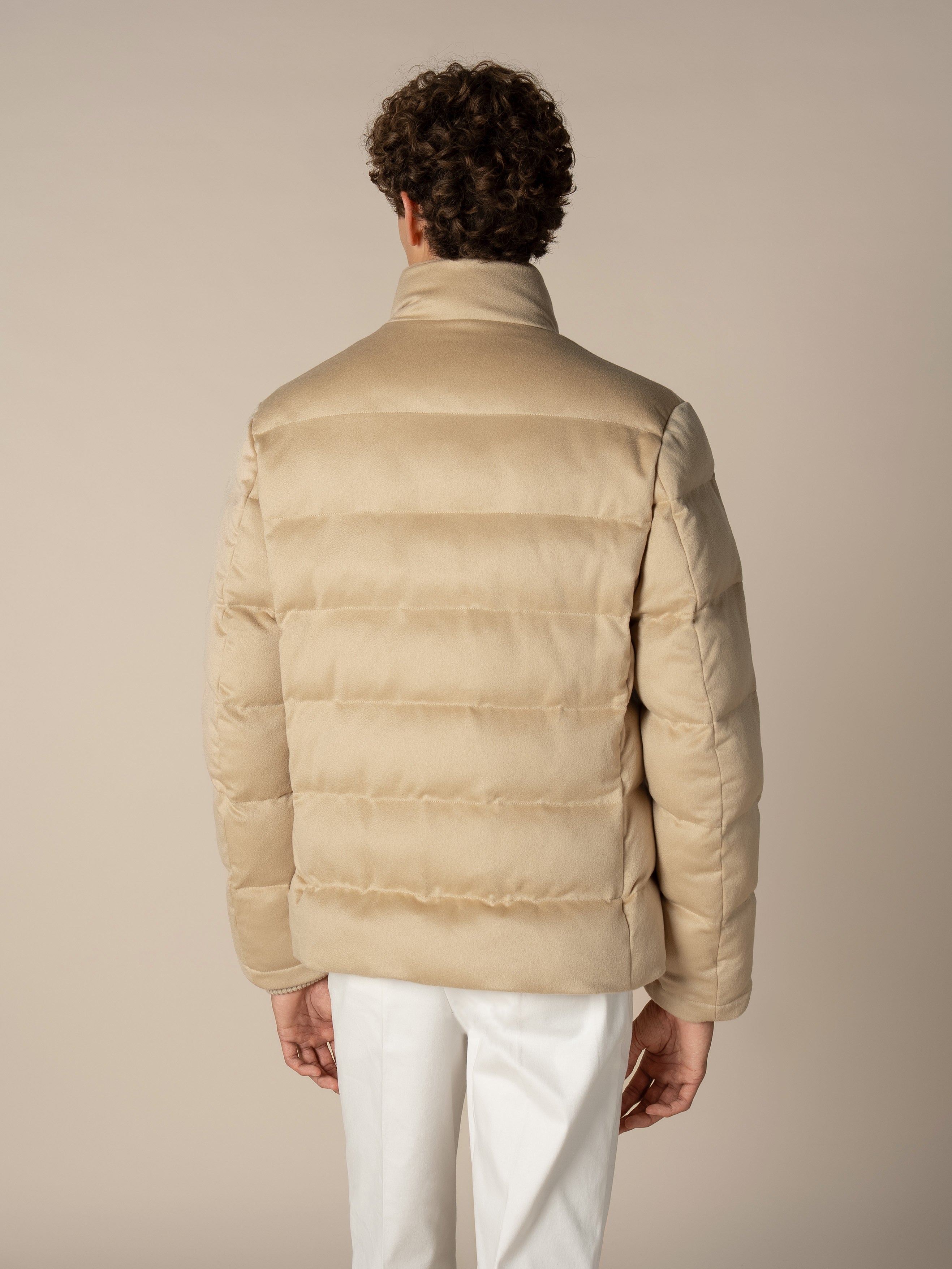 Luxuriöse Kaschmir-Woll-Pufferjacke für Herren – Wasserabweisend, Beige, Slim Fit