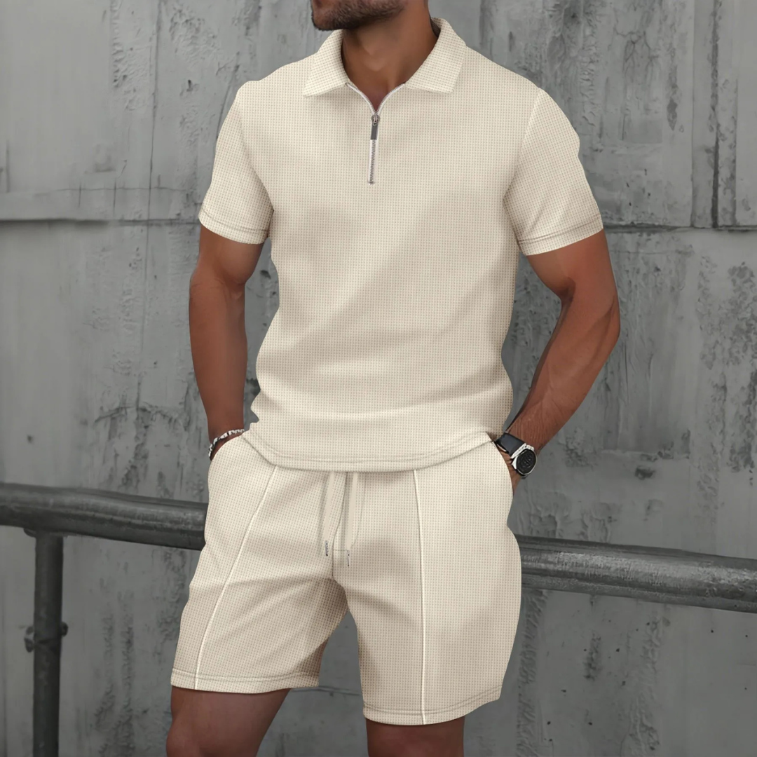 IBIZA Co-Ord Set: Weiches Strick Polo Reißverschluss & Bequeme Kordelzug Shorts für Herren