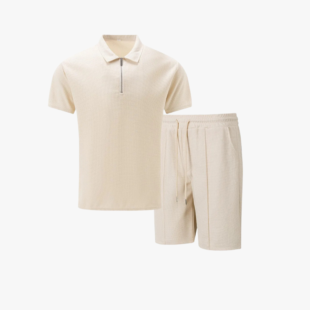 IBIZA Co-Ord Set: Weiches Strick Polo Reißverschluss & Bequeme Kordelzug Shorts für Herren