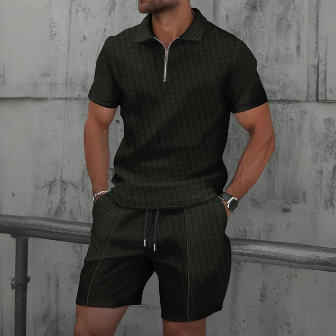 IBIZA Co-Ord Set: Weiches Strick Polo Reißverschluss & Bequeme Kordelzug Shorts für Herren
