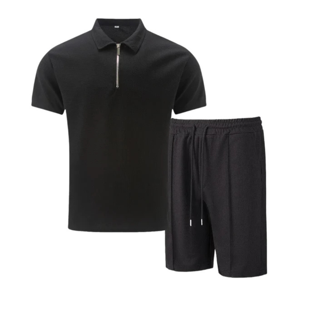 IBIZA Co-Ord Set: Weiches Strick Polo Reißverschluss & Bequeme Kordelzug Shorts für Herren