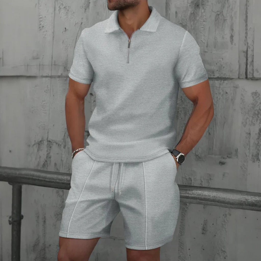 IBIZA Co-Ord Set: Weiches Strick Polo Reißverschluss & Bequeme Kordelzug Shorts für Herren