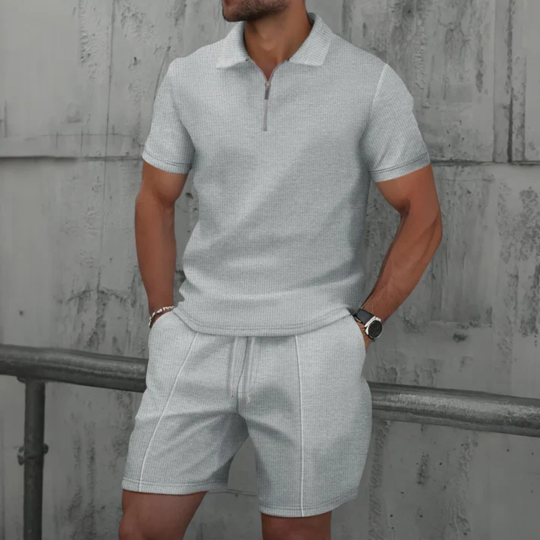 IBIZA Co-Ord Set: Weiches Strick Polo Reißverschluss & Bequeme Kordelzug Shorts für Herren