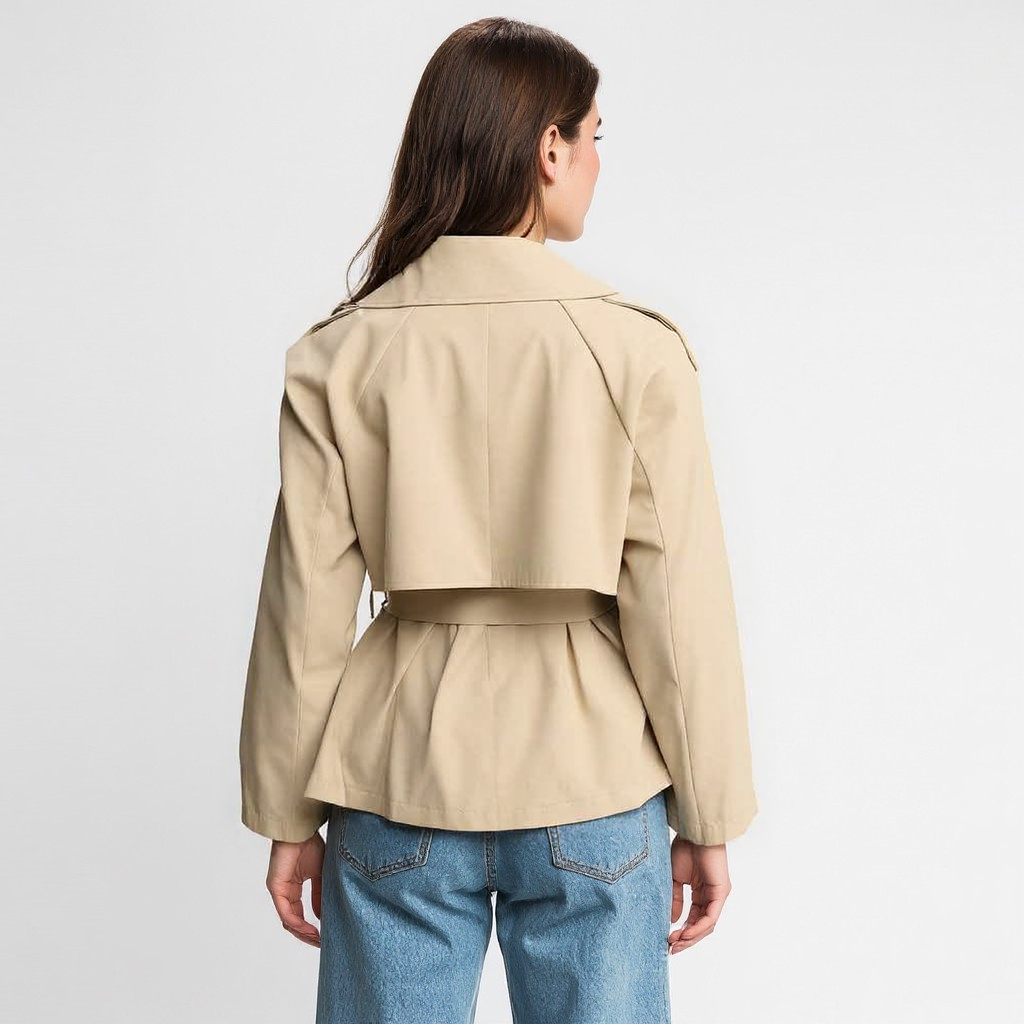 Caliante Damen Cropped Trenchcoat Beige mit Gürtel und Reverskragen