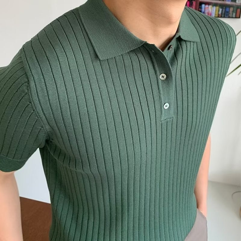 GIMCHEON Gestricktes Herren-Poloshirt aus Baumwolle – Gerippt, Kurzarm, Elegant & Modern