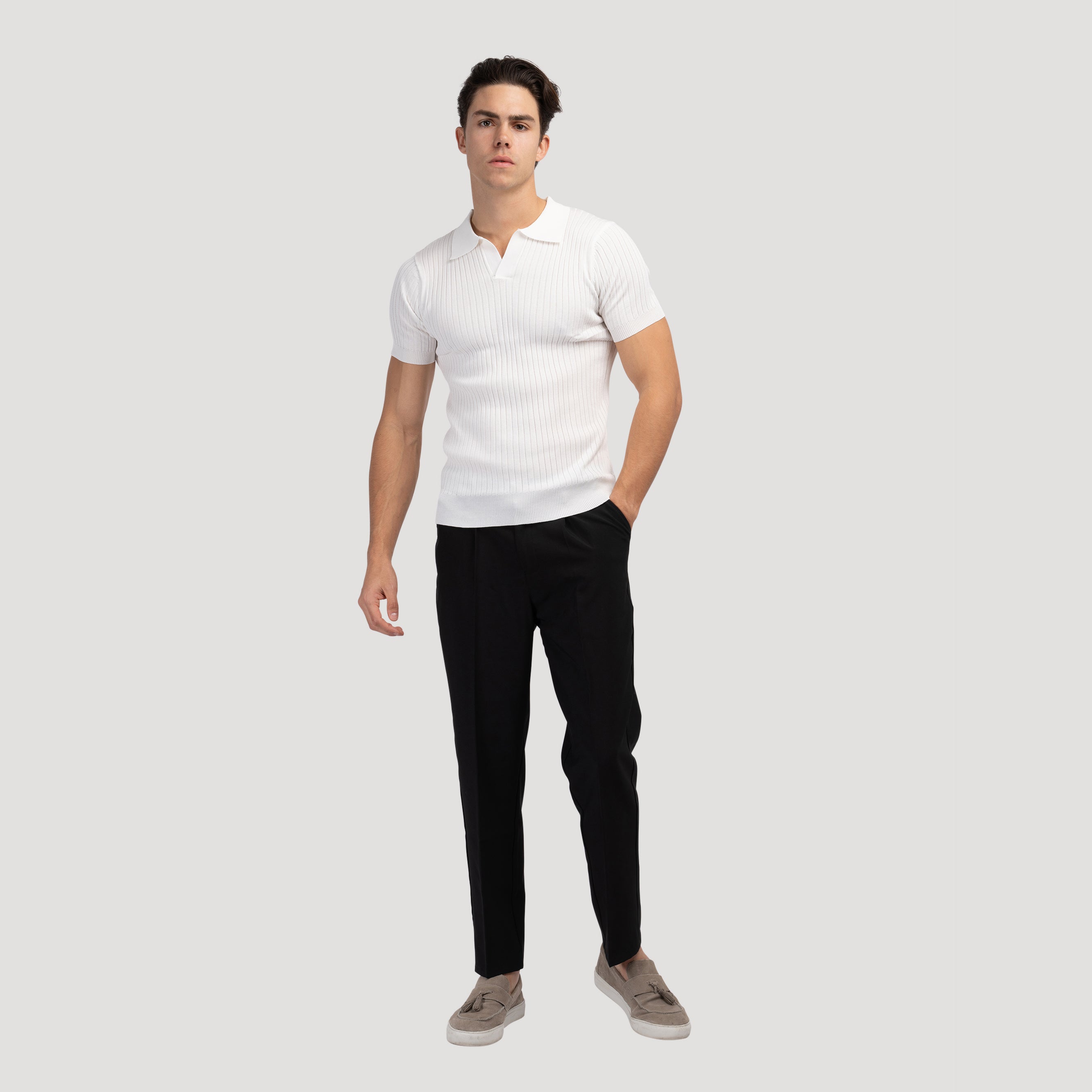 Elegantes Herren V-Ausschnitt Polohemd - Rippstrick Baumwollmischung Kurzarm Top