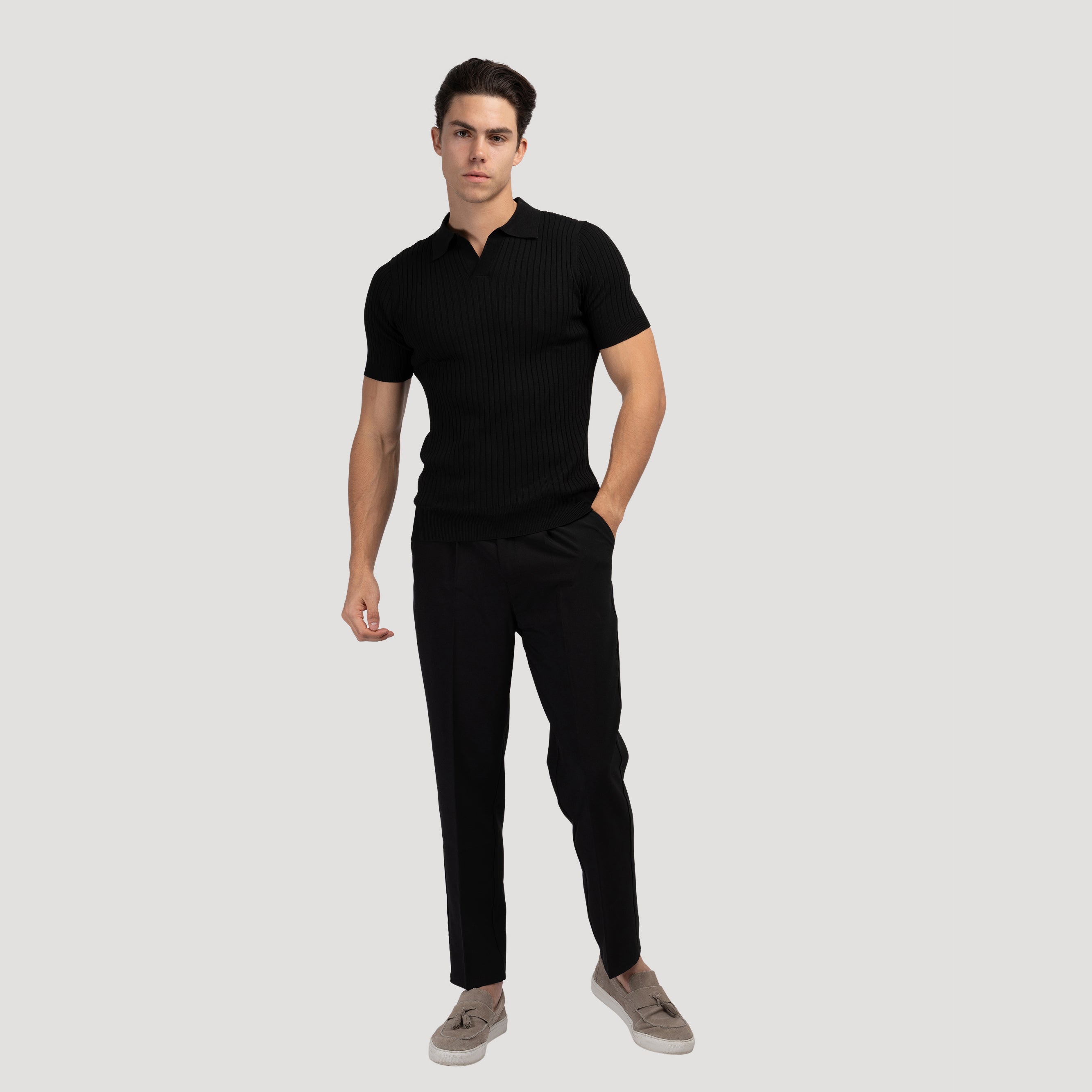 Elegantes Herren V-Ausschnitt Polohemd - Rippstrick Baumwollmischung Kurzarm Top