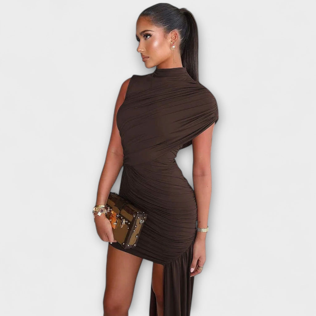 Lila Elegantes Figurbetontes Kleid mit Rundhalsausschnitt, Falten & Modernem Schnitt