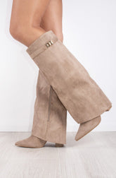 Elegante Kniehohe Veloursstiefel mit breitem Schaft, goldener Spange & Blockabsatz