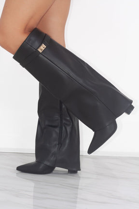 Elegante Kniehohe Veloursstiefel mit breitem Schaft, goldener Spange & Blockabsatz