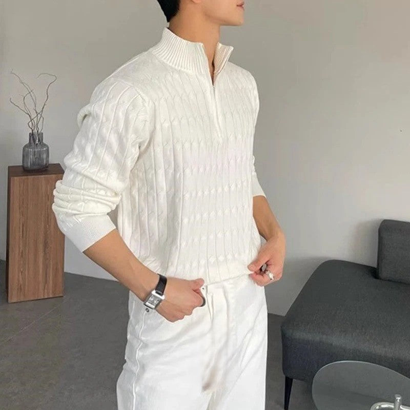 Eleganter Herren Reißverschluss-Strickpullover: Hochwertige Baumwollmischung, Tailliert, Vielseitig