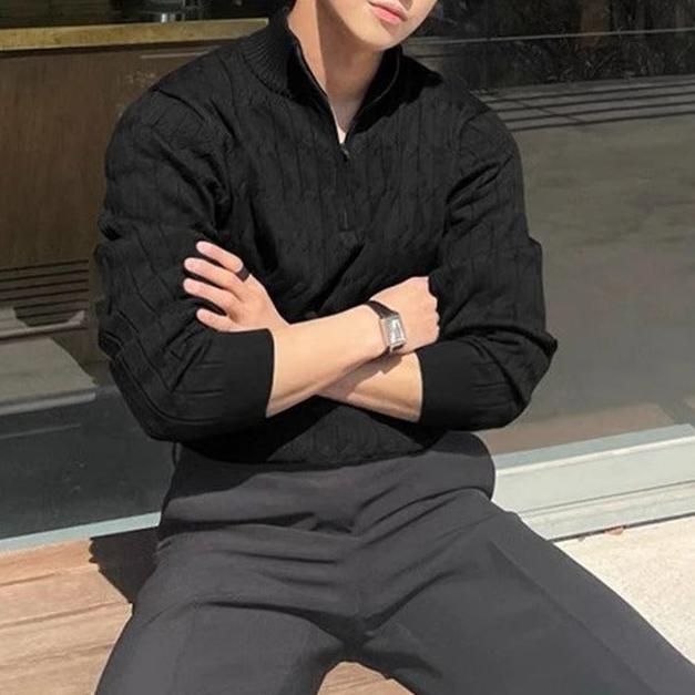 Eleganter Herren Reißverschluss-Strickpullover: Hochwertige Baumwollmischung, Tailliert, Vielseitig